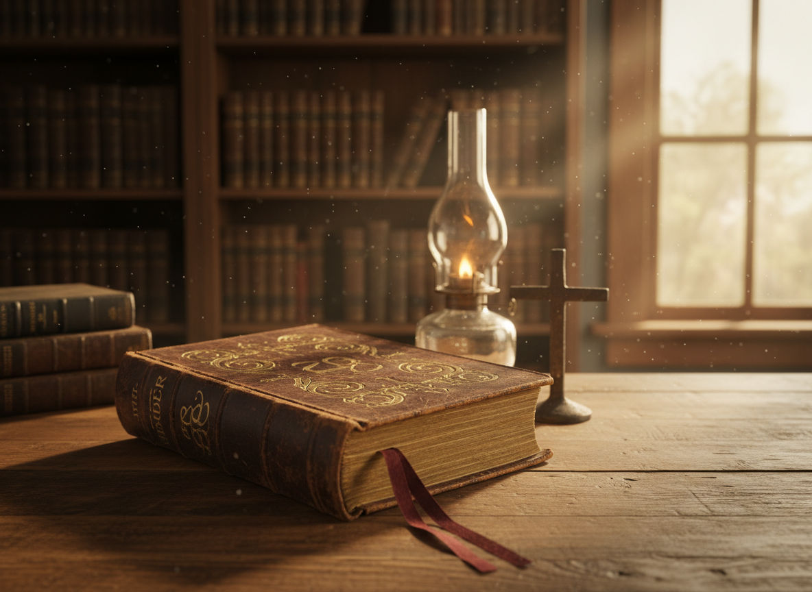 A weathered leather-bound mystery novel titled with an ornate, unreadable gold-foil script, resting open on a sturdy walnut table in a frontier church library. A simple iron cross and an oil lamp sit nearby, with shelves of 1880s-era law books and hymnals receding into a soft blur. Late-afternoon light filters through a wavy-glass window, casting warm beams and dust motes that highlight the book’s textured pages and frayed ribbon bookmark. Photographic realism at eye level, using shallow depth of field so the novel feels like an invitation to discover the Circuit Rider Mysteries, with a contemplative, sophisticated mood hinting at faith, justice, and secrets on the frontier.