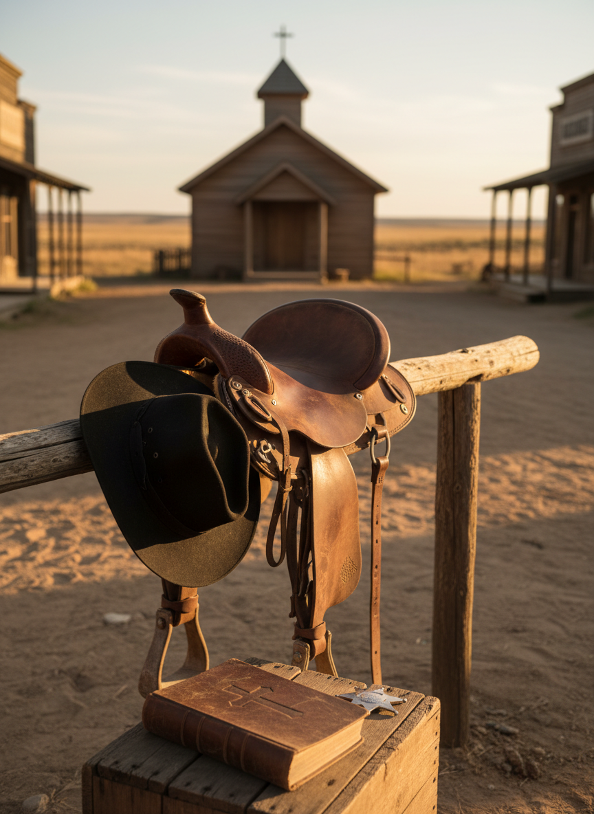 An empty 1880s circuit rider’s horse saddle, crafted from rich, worn brown leather, stands draped over a rough-hewn hitching rail beside a small wooden frontier chapel. A black wide-brimmed hat hangs from the saddle horn, and a closed, thick book with a simple embossed cross and a sheriff’s badge rest together on a nearby crate. Golden hour sunlight bathes the dusty main street and wooden storefronts in warm tones, casting long, mysterious shadows. Shot in photographic realism from a slightly low angle, with the chapel steeple and vast open plains softly blurred in the background, the composition suggests Reverend Elias Cane’s presence without showing people, evoking duty, faith, and unsolved mysteries.
