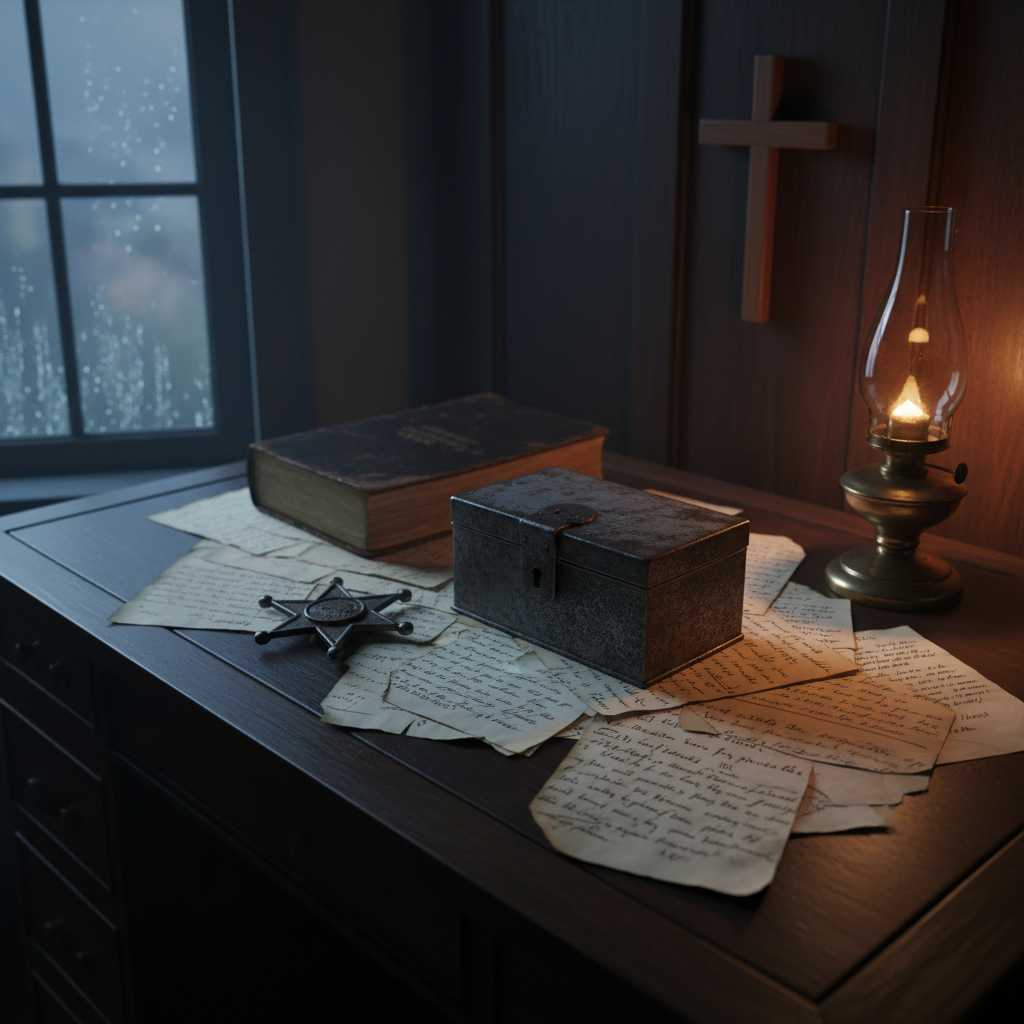 A meticulously arranged writing desk inside an 1880s parsonage study, featuring a dark oak surface scattered with handwritten case notes, a worn leather Bible, and a small, locked metal strongbox bearing faint scratch marks. A tin star-shaped paperweight hints at law and justice, while a simple wooden cross hangs on the wall above. A rain-streaked window on the left lets in cool, diffused twilight, illuminated further by the amber glow of a glass oil lamp that creates deep, cinematic shadows. Photographic realism, captured from an elevated three-quarter angle, with crisp focus on the strongbox and notes. The mood is tense and investigative, perfect for a book detail page focused on Reverend Elias Cane’s latest mystery.
