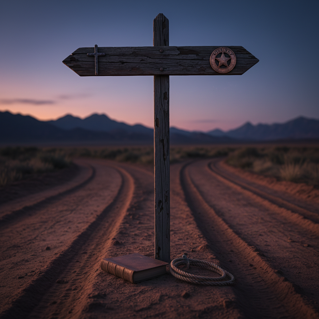 A stark 1880s Western crossroads at dusk, where two rutted wagon tracks diverge beside a weather-beaten wooden signpost. On one arm hangs a small iron cross, on the other a tarnished deputy’s badge, both catching the last sliver of amber sunlight. At the base of the post lies a closed, unmarked book and a length of rope partially buried in dust, suggesting a mystery unresolved. The sky glows with deep blues and purples, with distant mountains in silhouette. Photographic realism from a low, forward-facing angle, with the signpost centered and the roads receding into soft focus. The mood is contemplative and suspenseful, symbolizing Reverend Elias Cane’s choices between mercy, justice, and danger.