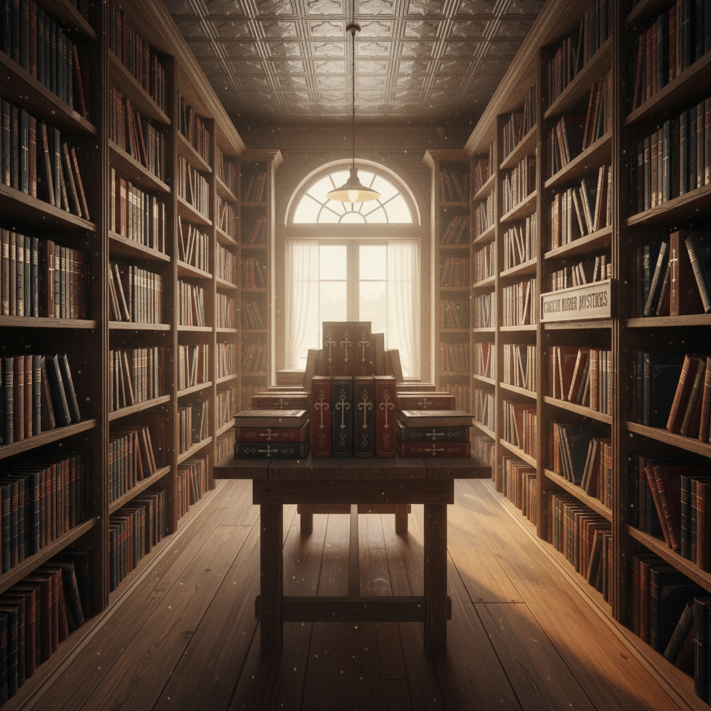 A narrow, dust-covered 1880s frontier bookstore interior with towering pine shelves packed with leather-bound Christian historical novels and dime mysteries, their spines aged to deep browns, reds, and indigos. A central display table showcases a neat stack of matching series volumes, each with a consistent, elegant design and a subtle cross worked into the spine ornamentation, though no readable titles. Sunlight filters through a high front window and glass transom, illuminating floating dust motes and creating soft highlights along the worn wooden floor. Photographic realism, framed from the entrance looking inward with sharp focus throughout, the atmosphere is warm, orderly, and sophisticated, inviting visitors to browse the Circuit Rider Mysteries collection in a refined Old West setting.