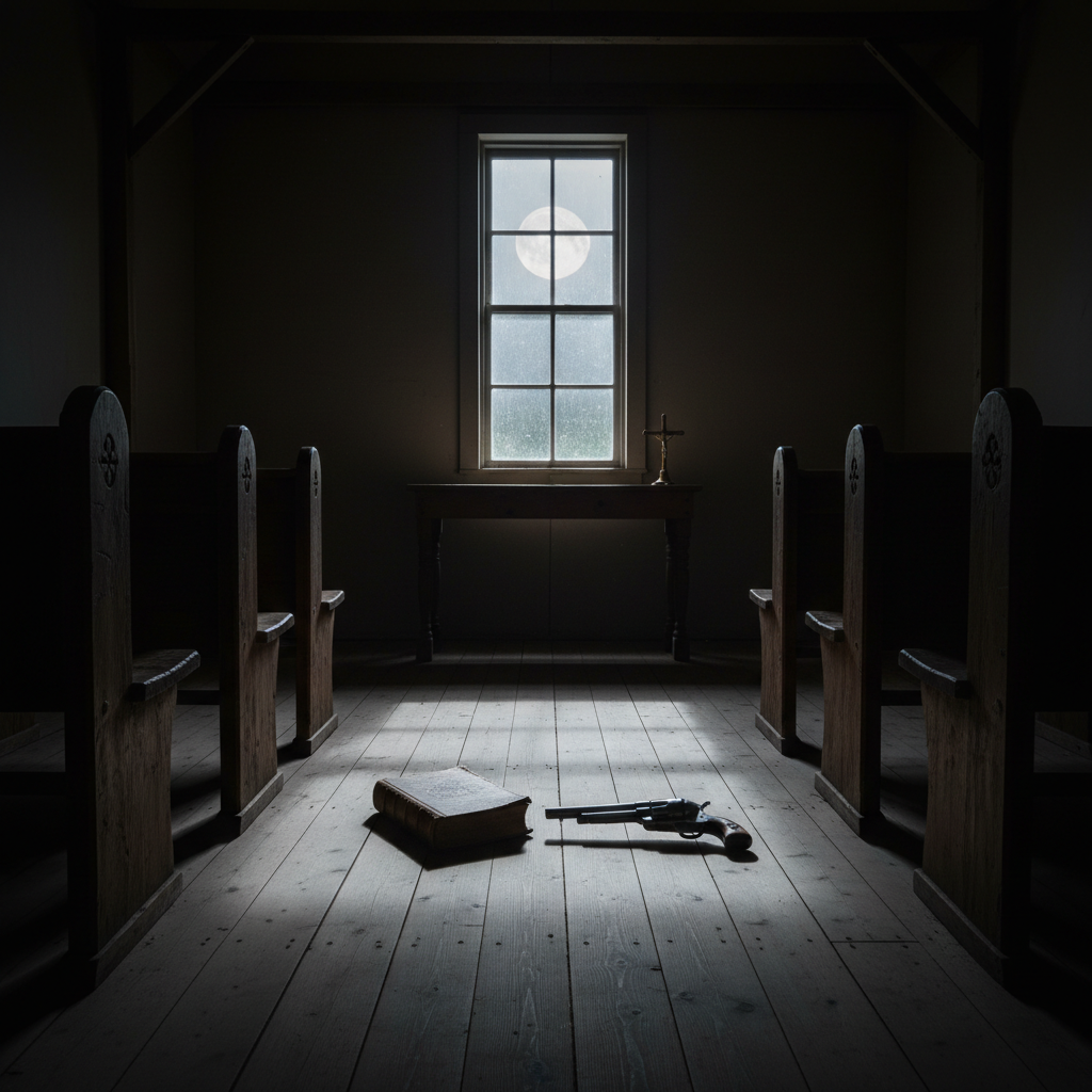 The interior of a simple 1880s frontier chapel at night, completely empty, with rows of rough wooden pews leading the eye toward a plain altar and a single tall window of wavy, clear glass. Moonlight streams in, creating a pale silver rectangle on the plank floor where a closed, leather-bound book and an old revolver lie side by side, untouched. Nearby, a small brass cross on the altar gleams faintly. Photographic realism with dramatic, high-contrast lighting, captured from the back of the chapel with strong leading lines. The mood is solemn and enigmatic, hinting at the intertwining of faith, danger, and moral questions at the heart of the Circuit Rider Mysteries.